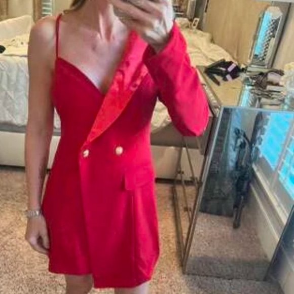 Flap Detail button front Asymmetrical Neckline  Blazer Mini dress Red - Picture 7 of 7